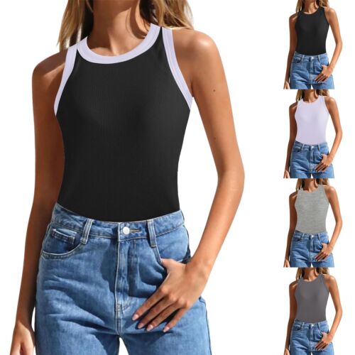 2024 Summer Sleeveless Tank Tops Ribbed High Neck Racerback Slim Fitted Color - Picture 1 of 35