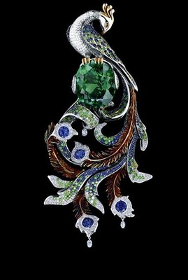 Syn Emerald & Lab Sapphire Designer Brooch 925 SS Peacock Style Cocktail Jewelry