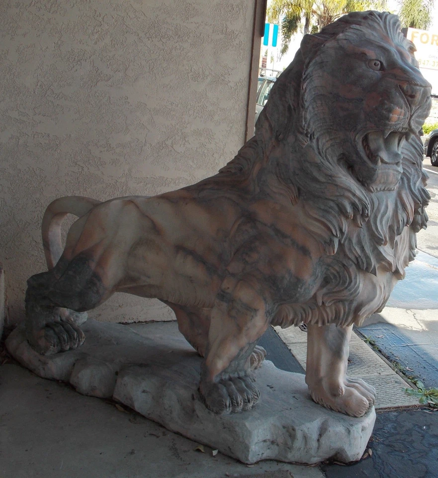 Pair of Marble Hand Carved Lion Statues Genuine Chinese Pink and Grey Marble - Image 3 of 4