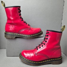 Dr. Martens 1460 Boots UK Size 5 Red Patent Leather Yellow Stitch DM Doc Shiny