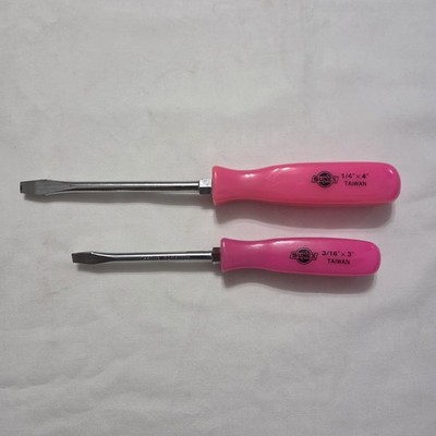 Lot of 2 Sunex Tools Flat Slotted Screwdrivers 1/4''x4 & 3/16''x3 Pink Hard Handle