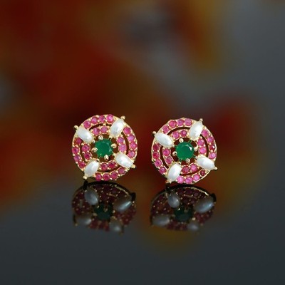 Small Light Weight Gold Plated AD stone Pearl stud Earrings tops | Crystal