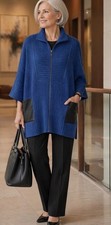 NWT Misook Blue Black Faux Leather Pockets Ribbed Knit Jacket Zipper Size XL