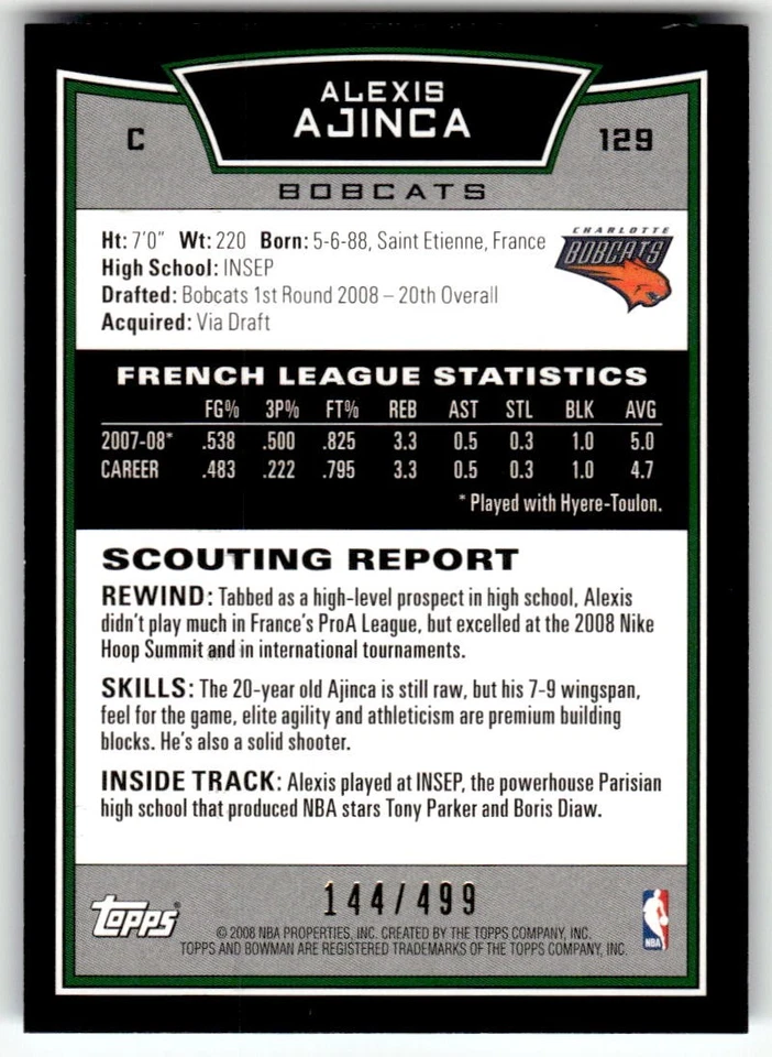 2008-09 Bowman Alexis Ajinca Blue #/499 Rookie #129 - Image 2 of 2