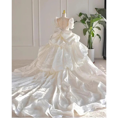 Elegant Ball Wedding Dresses Sweetheart Puff Sleeve Sequined Bow Cathedral Train - Picture 2 of 8