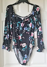 CANDIE'S Black Floral Print Stretch Knit Bodysuit Top Long Sleeves Size XXL NEW