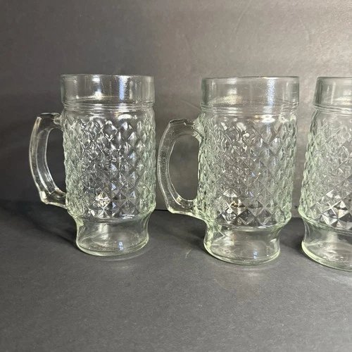 Vintage Anchor Hocking Quilted Diamond Pattern Beer Mugs Set Of 4