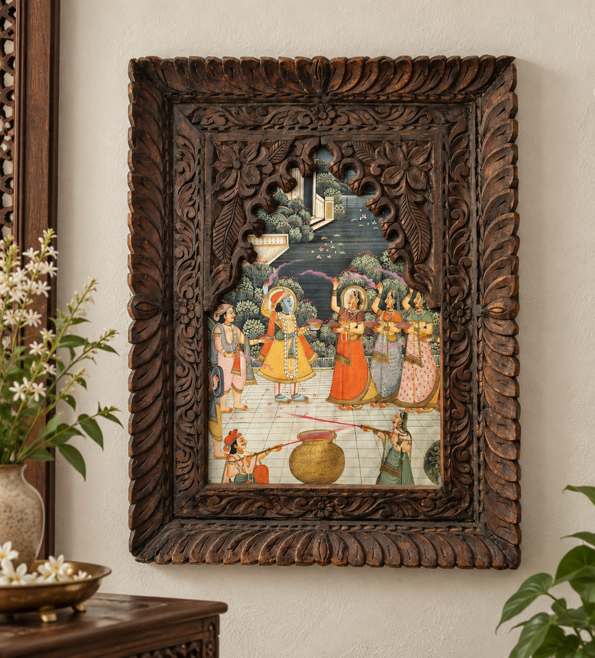 Vintage Indian Wall Carved Wooden Art Krishna with Gopis Home Room Mandir Decor