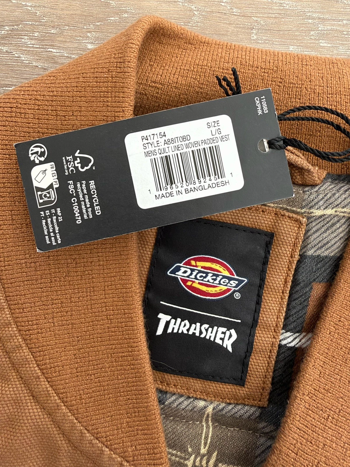 Dickies x Thrasher Men's Brown Canvas Lined Padded Full Zip Vest size L/G - product detail image 4
