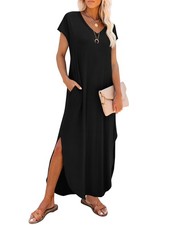 RUMIA Summer Casual Maxi Dresses for Women- Women's V Neck Cap Large, Black 