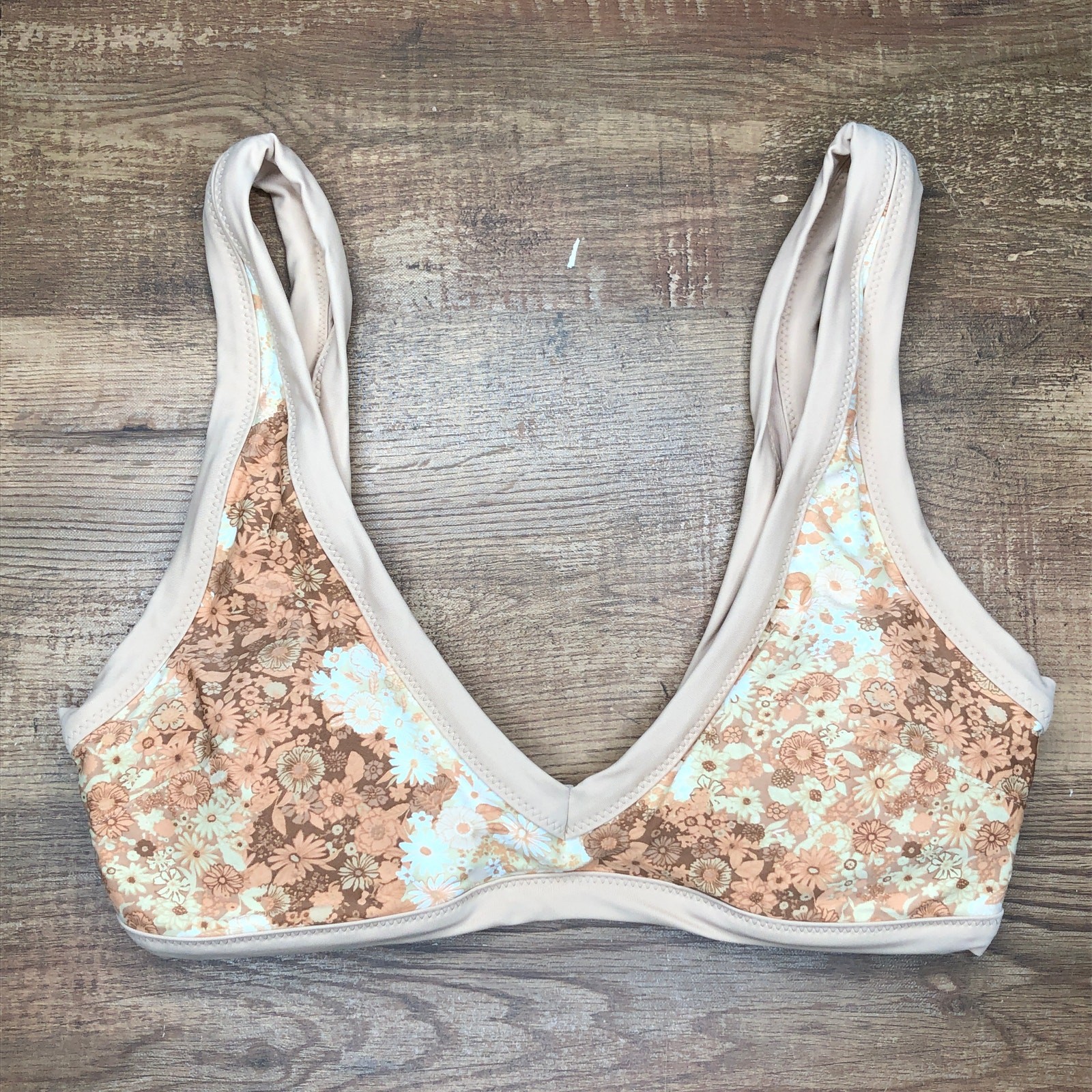 Bikini Aerie Natación Scoop Top Ditsy Floral Talla Mediana Nuevo sin Etiquetas Tostado Marrón Naranja Blanco