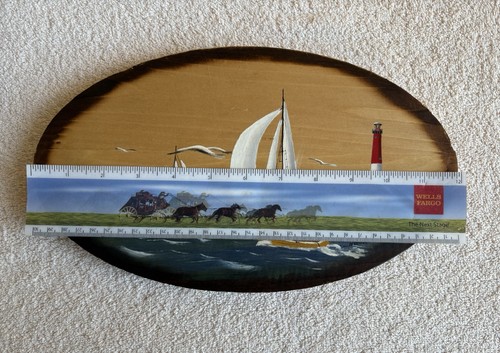 Handpainted Signed Wood Plaque Sailboats Lighthouse Seagulls Burnish Edge 12"x7” - Picture 12 of 15