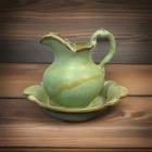 Vintage Frankoma Pottery Pitcher And Bowl Set Prairie Green & Brown #30A 30B