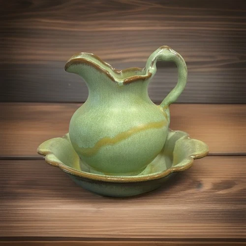 Vintage Frankoma Pottery Pitcher And Bowl Set Prairie Green & Brown #30A 30B