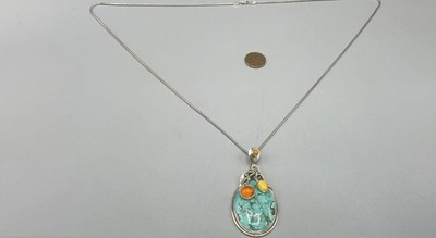 Sterling Silber Türkis Blau Oval Charm Anhänger Schlangenkette Karabiner Signiert