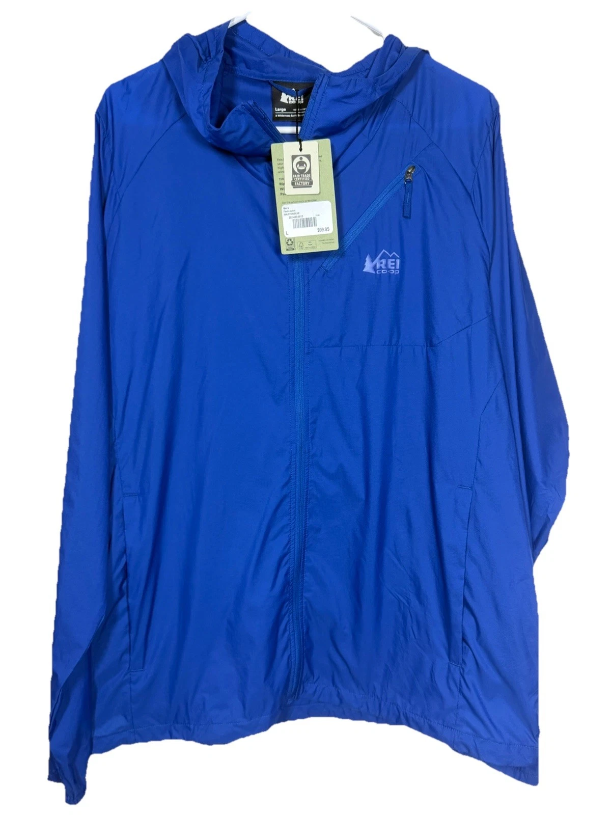 REI Co-op Flash Jacket Men’s Large Halcyon Blue Hooded Packable Windbreaker NWT