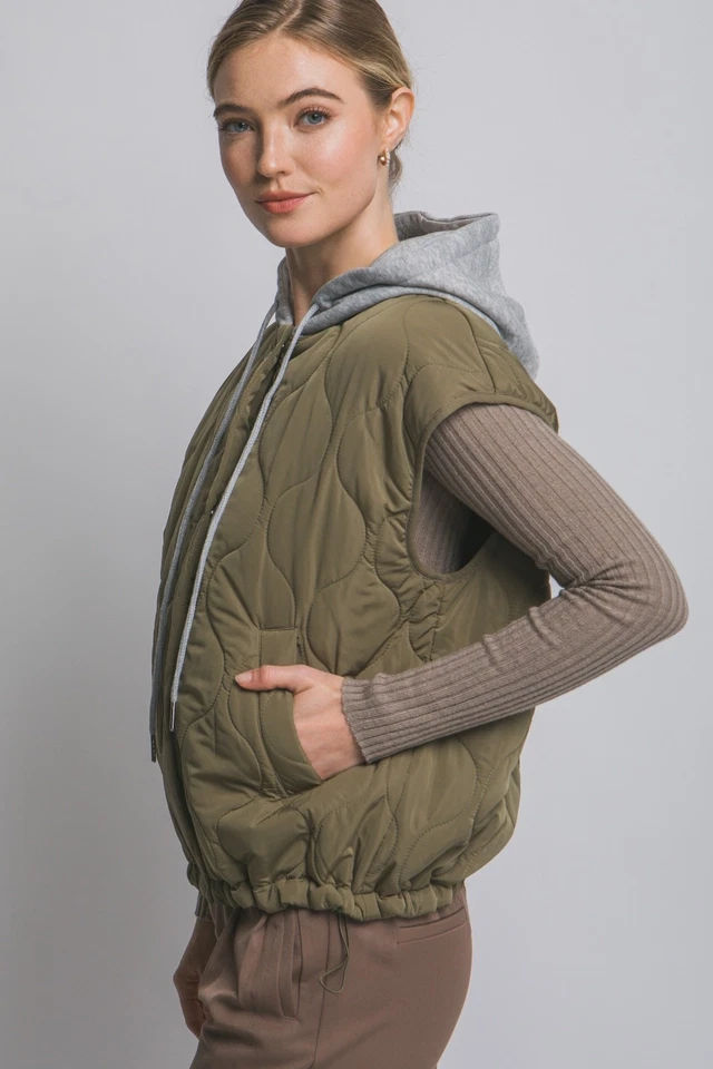 Love Tree Women's Quilted Hoodie Puffer Vest with Pockets in Olive - Image 3 of 4