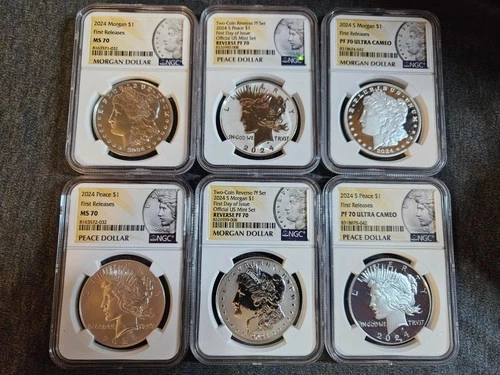 6 coin set 2024 Morgan and Peace silver dollars NGC Certified MS, PF, RV PR, 70