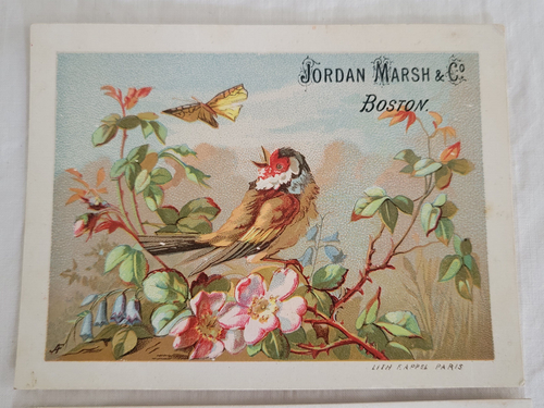 2 Antique Victorian JORDAN MARSH, Boston Trade Cards Pretty Birds Litho 3x4" - Picture 2 of 10