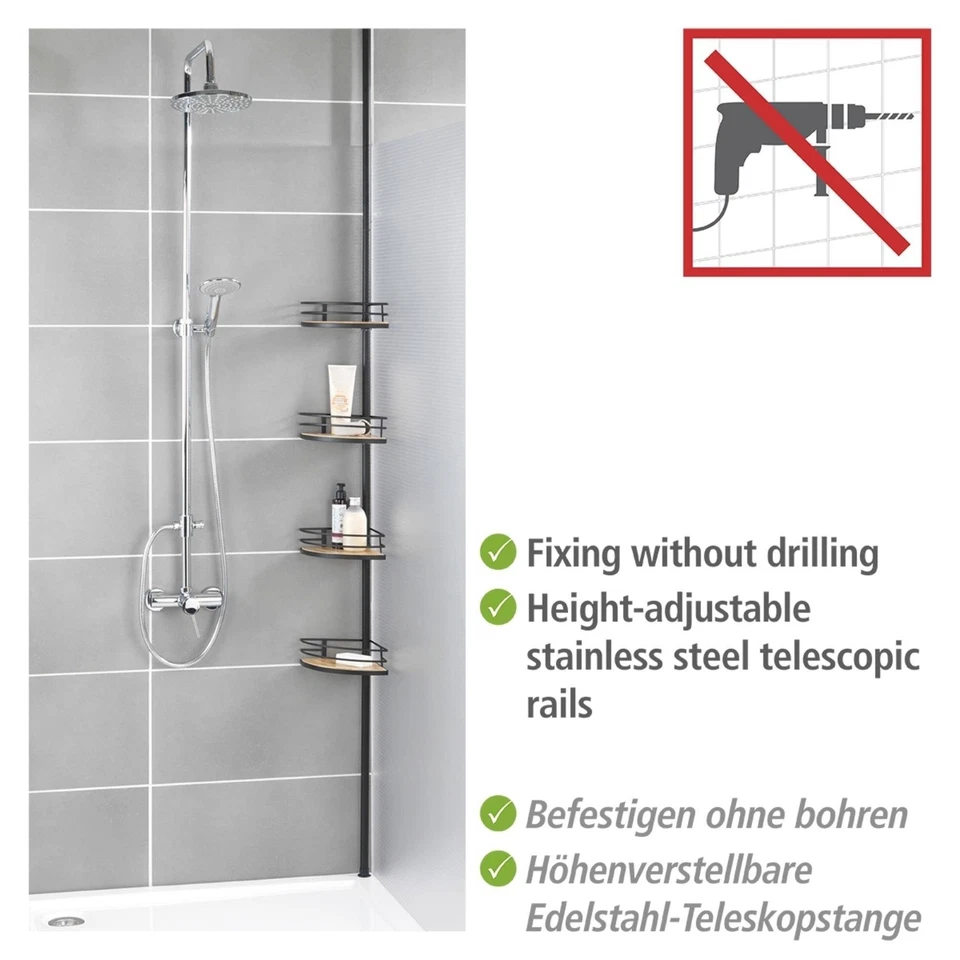 Mensola Doccia Telescopica DOLCEDO, in Bambù e Acciaio Inox, 31 x 65-275 x 23 cm, Schw - Immagine 3 di 4