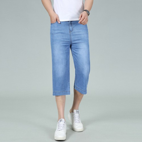 Men Straight Denim Shorts with Pockets Slim 3/4 Length Jean Cropped Pants Casual - Picture 3 of 16