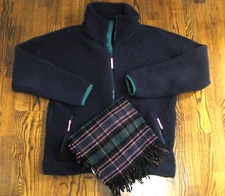 J CREW Ladies Polartec Sherpa Fleece Full Zip Jacket Size M & Plaid Scarf