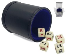 Spanish Poker Dice Ivory Tone  PU Leather Blue Felt Lined Dice Cup Gift Boxed 
