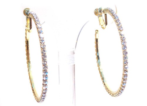 CLIP-ON EARRINGS 2.25 INCH HOOP CRYSTAL EARRINGS RHINESTONE SILVER OR GOLD TONE - Picture 8 of 10