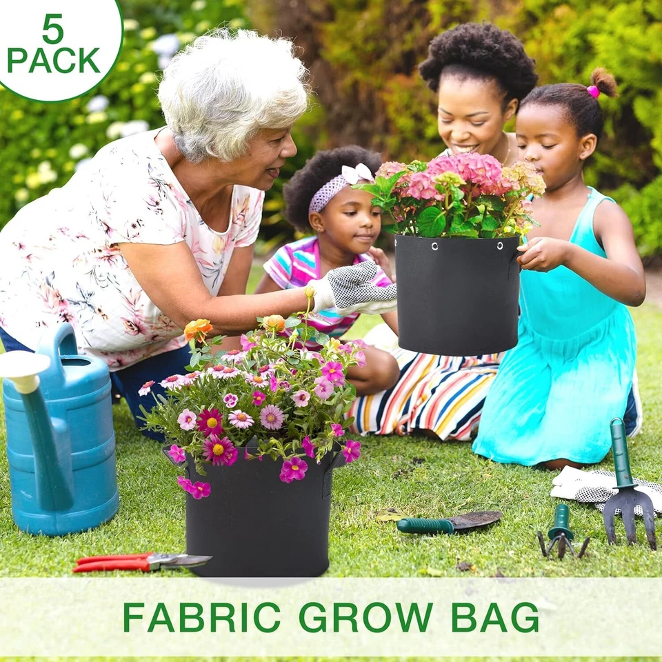 Seedfactor 5 Pack Plant Grow Bags Heavy Duty Thick Nonwoven Fabric Pots Planters - Image 3 of 4