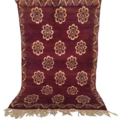 Vibrant Moroccan Handmade Maroon Rug Beige Floral Motif Berber Wool Carpet 6'x3'