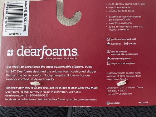 Dearfoam Womens Cushioned Slippers - Black Indoor Outdoor Soles, Large 9-10, NEW - Picture 5 of 5