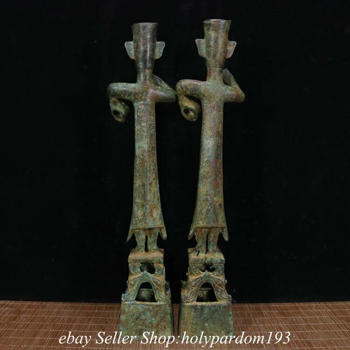 14.2" Old Chinese Bronze Ware San Xingdui Stand Human Statue Pair - Picture 8 of 9
