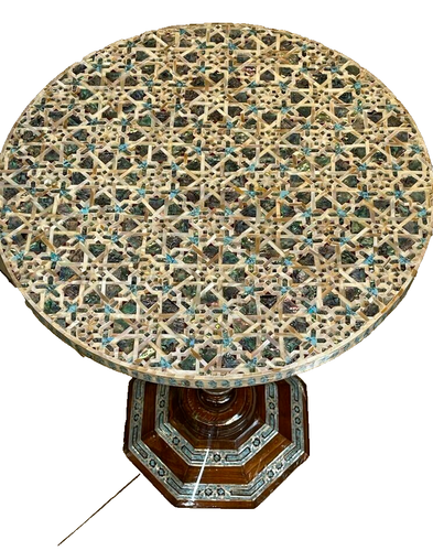Handmade Wooden End Table Carving Wood Table Home Decor Mother of Pearl Inlay - Picture 6 of 18