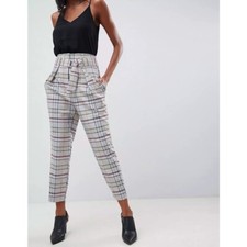 NWT ASOS Women s Tailored Tapered Pants with D-ring Gray Check Size US 0