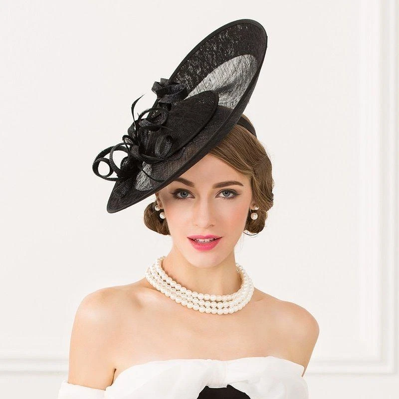 Mujer Kentucky Derby Iglesia Boda Noble Vestido Lino Pluma Sinamay Sombrero Foto 3 de 4