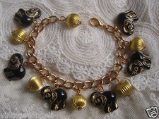 VINTAGE  CHARM BRACELET LUCKY BLACK ELEPHANTS PARADE BRASS BEADS 