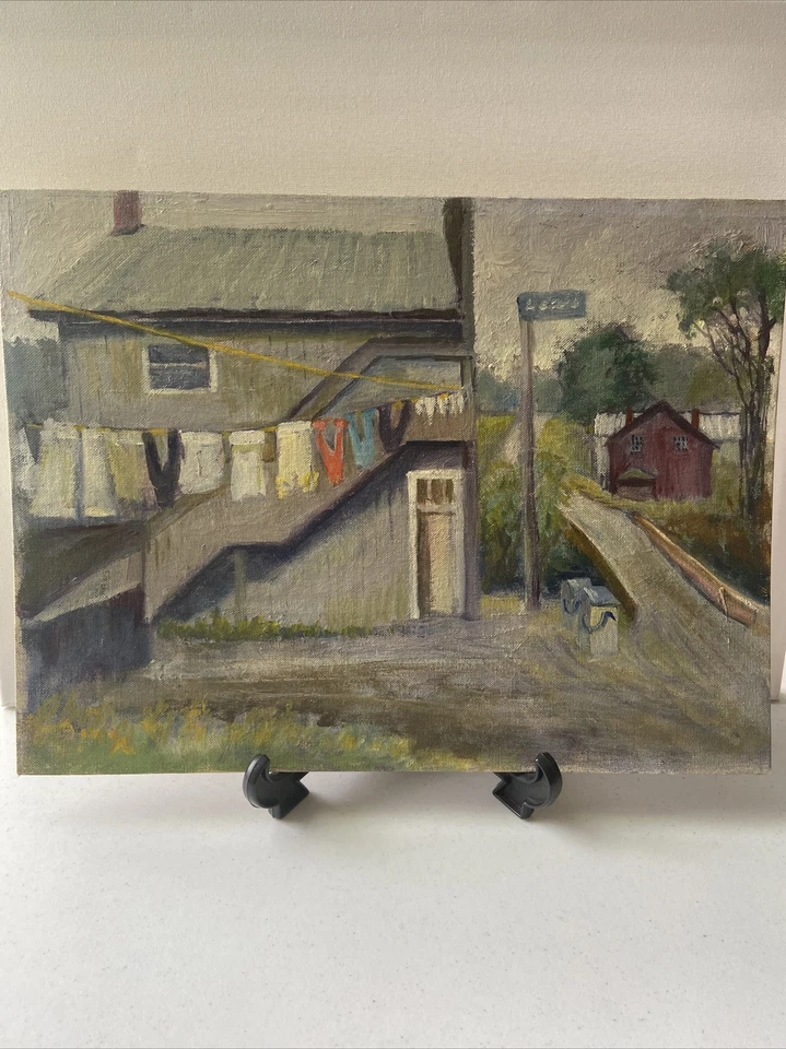 Pintura en lienzo original “Home By the Bridge” Foto 3 de 4