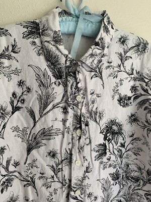 M Hot Cotton Women Black White Floral Button Shirt Top Spring Garden Flower