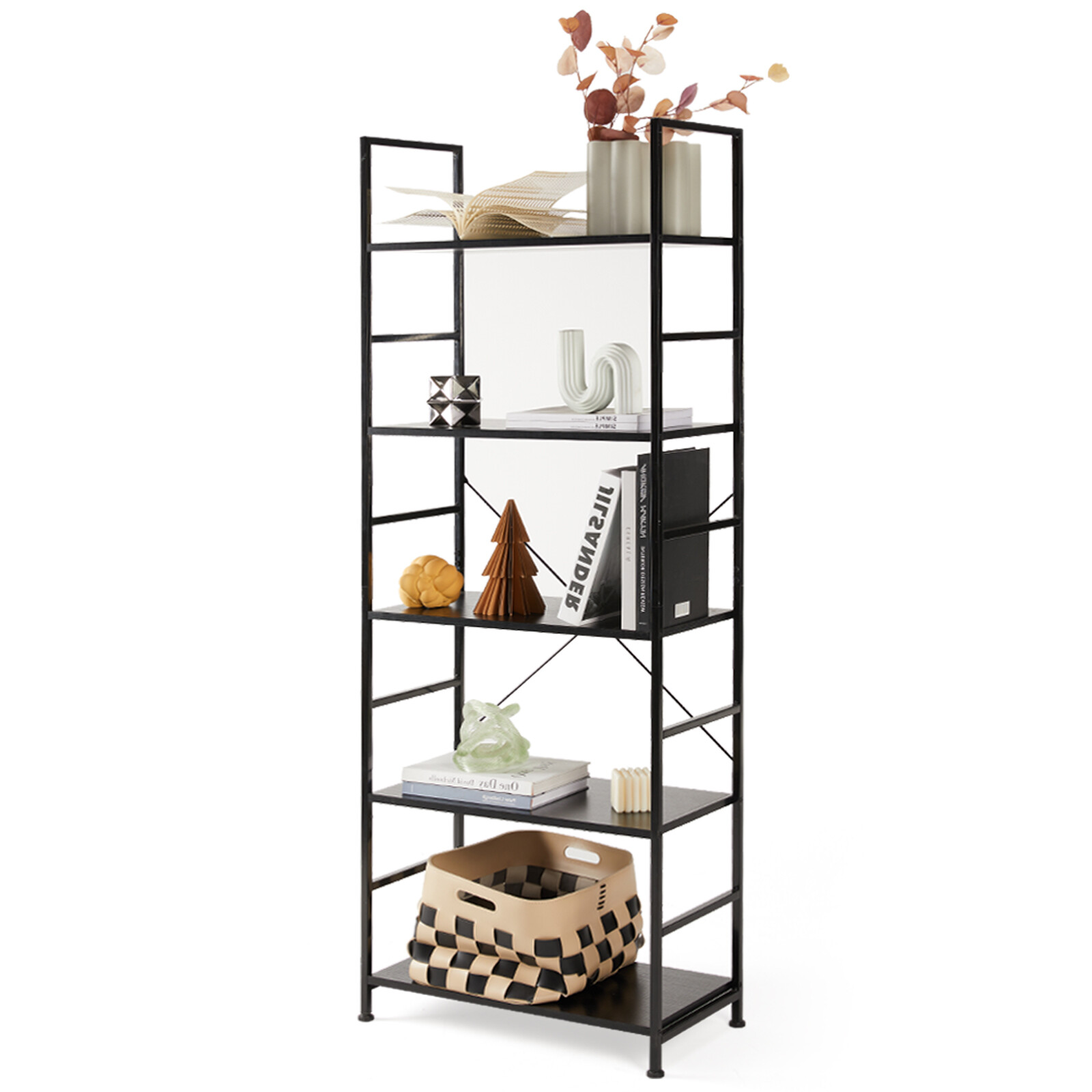 Modern 5-Tier Metal Frame Bookshelf for Office Bedroom Living Room Storage  