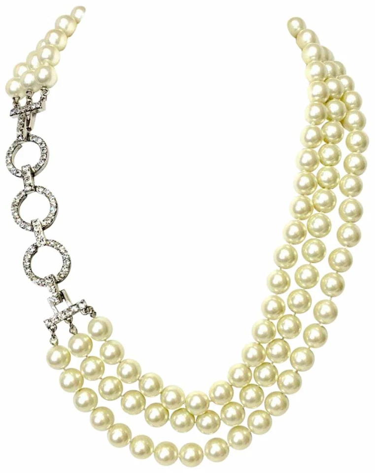 KENNETH JAY LANE, CADENA DE CRISTAL PAVIMENTADO VINTAGE 3 FILAS 10 MM BLANCO PERLA Y DECO