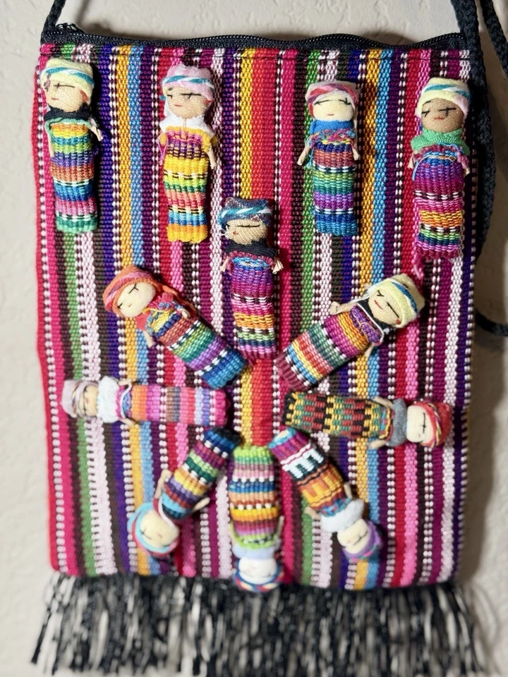 Bolso Bandolera Hecho a Mano Guatemalteco Multicolor Muñeca Preocupación con Flecos Foto 4 de 4