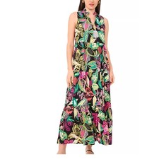 NWT Vince Camuto Split Neck Tiered Maxi Dress Black Vibrant Tropical Sz L $69