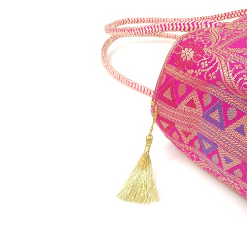Hot Pink Peacock Woven Handbag Indian Ethnic Zari Brocade Women Shoulder Bag - Picture 7 of 9