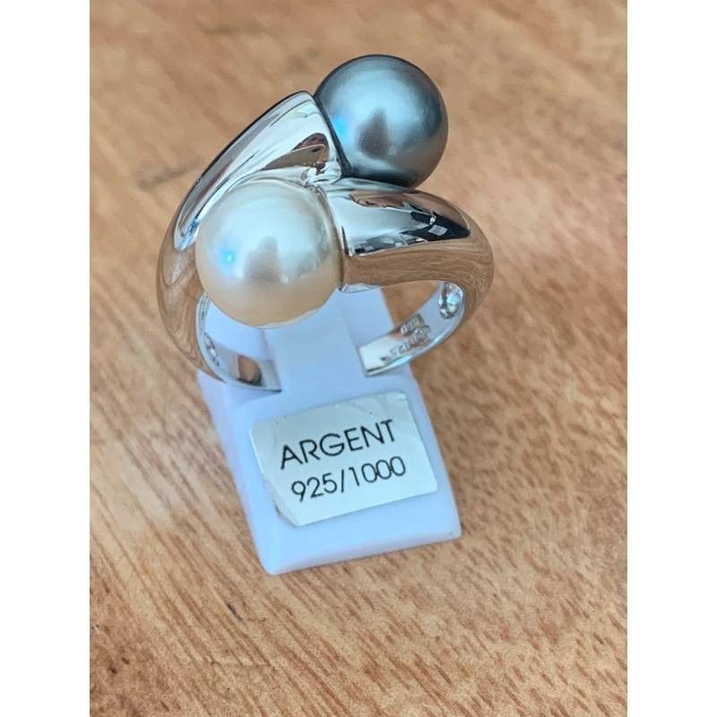 Bague double perles en argent 925 rhodié pour femme taille 54