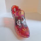 6" Fenton Ruby Red Irredescent Glass Shoe Painted Artist Signed T Owen's Vintage