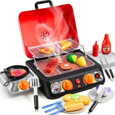 Kids BBQ Grill Playset, Kitchen Toy Set with Pretend Smoke, Light, Sound Col...