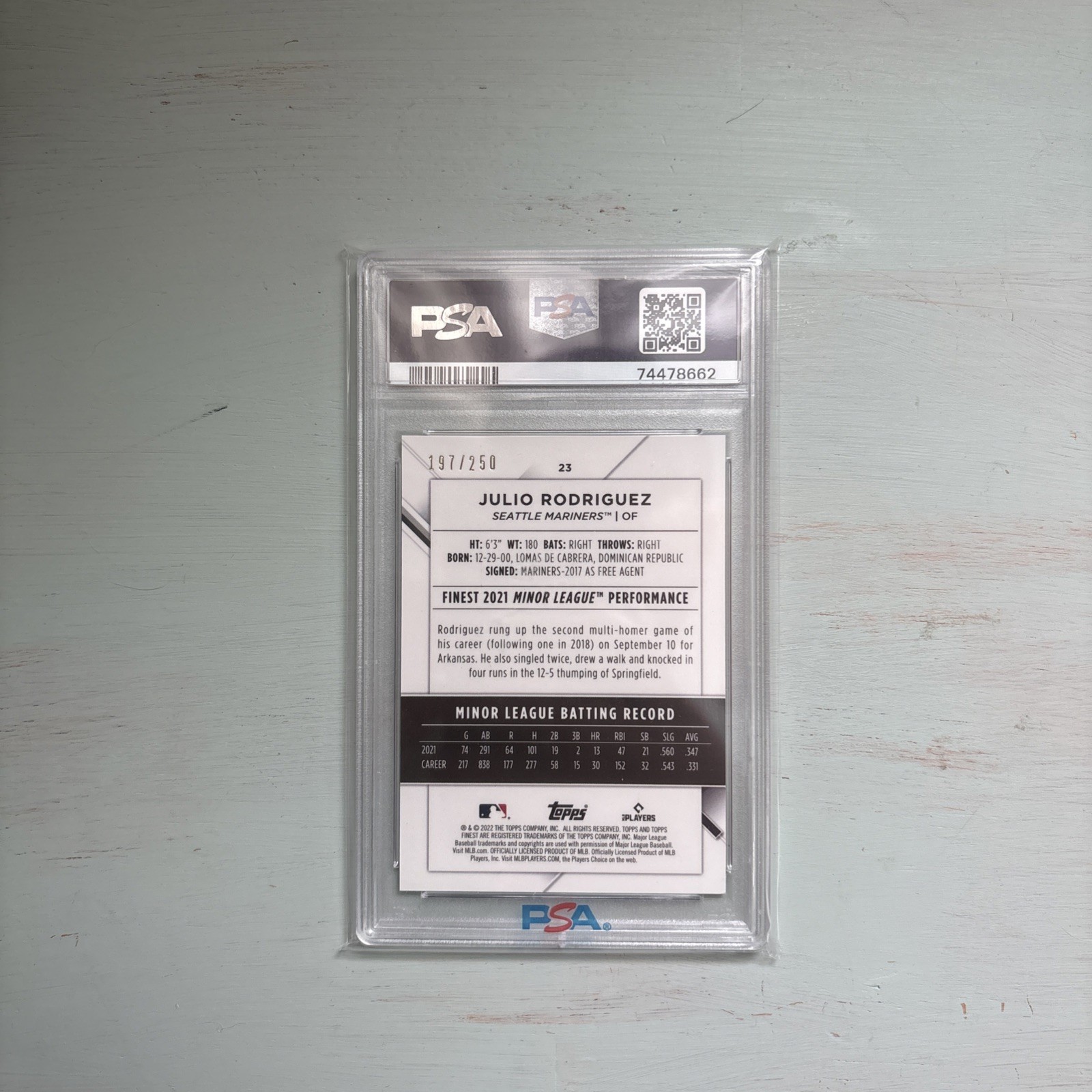 2022 Topps Finest - Julio Rodriguez #23 Purple Refractor /250 (RC) PSA 10 view 2