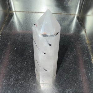 Clear Quartz Crystal Healing Point with Black Inclusions