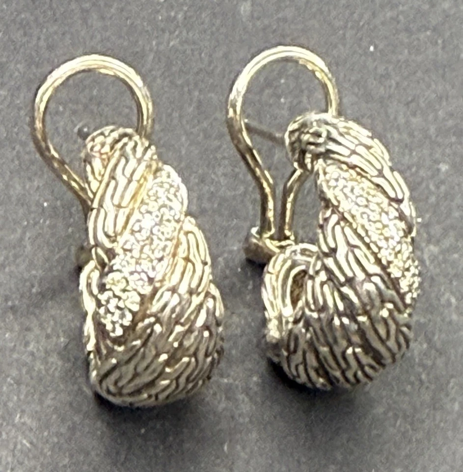 John Hardy Classic Chain Twisted Silver Diamond Hoop Earrings Sterling - Image 3 of 4