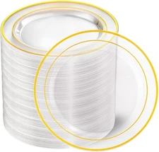 Clear Gold Plastic Plates, Clear Dinner Plates with Gold Rim 10 Inch, Fancy